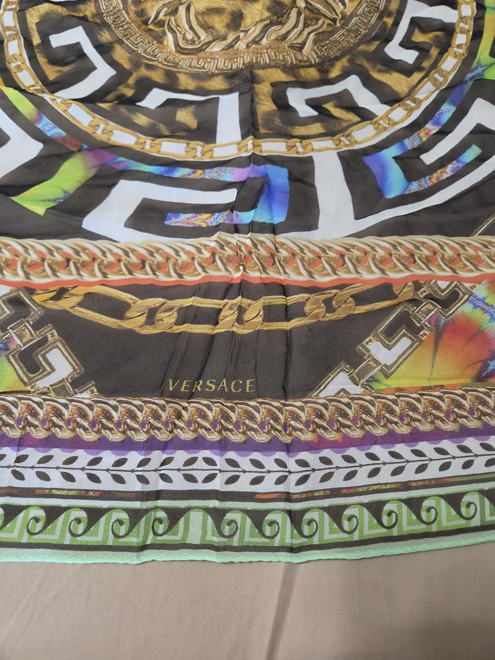 Authentic Versace 100% Silk Medusa Greek Key Multicolor Scarf Shawl Made Italy